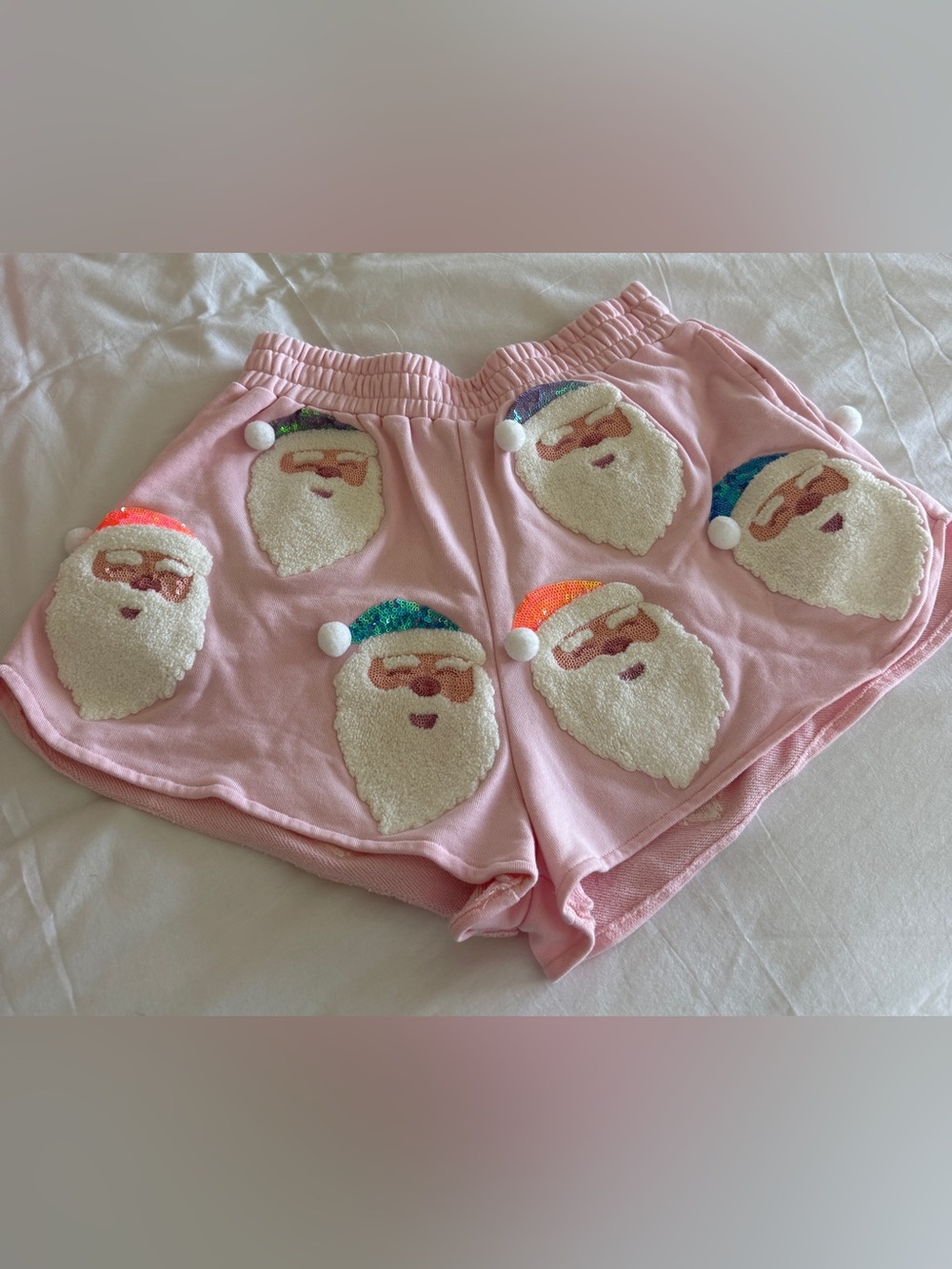 Queen of Sparkles Santa Shorts. Light pink. Medium.